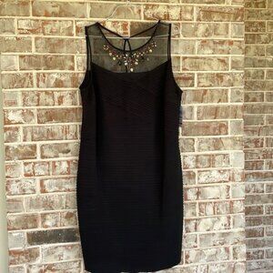 MSK Woman Black Formal Pintuck Knit Jeweled Sheer Shoulder Sleeveless Dress